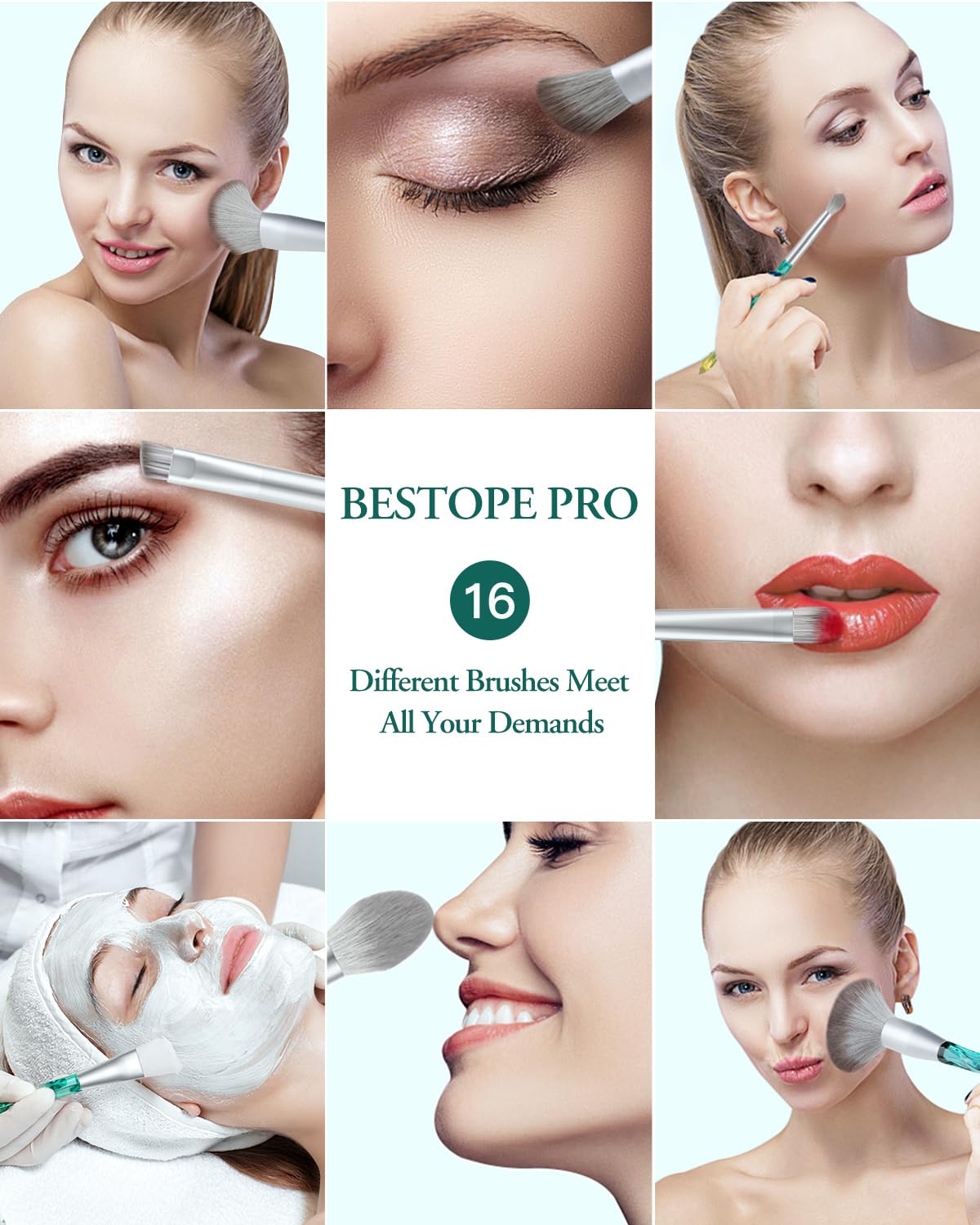 BESTOPE PRO 16-Piece Crystal Handle Makeup Brush Set with Silicone Face Mask Brush - Image 7