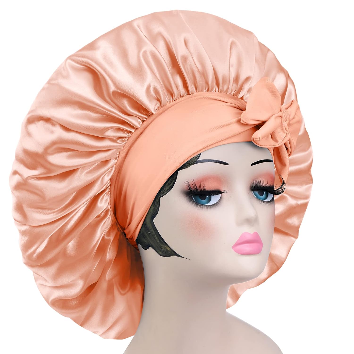 Jumbo Size Salmon Pink Satin Silk Bonnet for Sleeping Adjustable Night Cap - Image 2