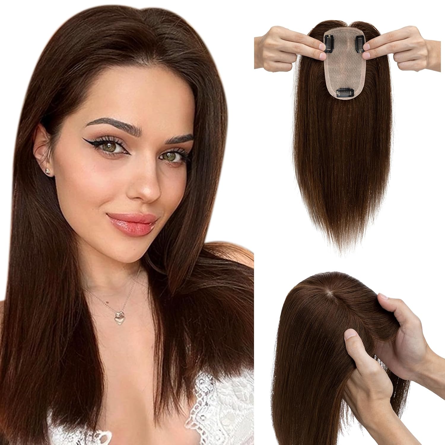 Elailite 6 Inch Chocolate Brown Real Human Hair Clip-In Topper for Women
