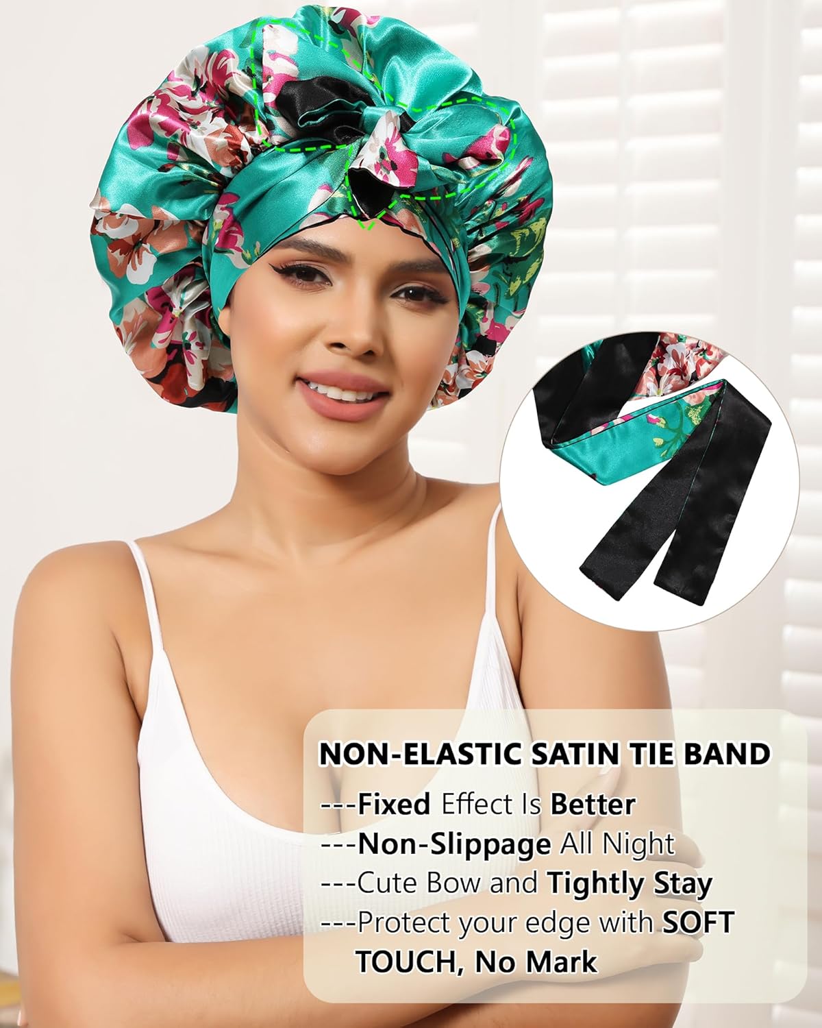 Double Layer Reversible Satin Bonnet Sleep Cap for Curly Hair Women - Green Black - Image 5