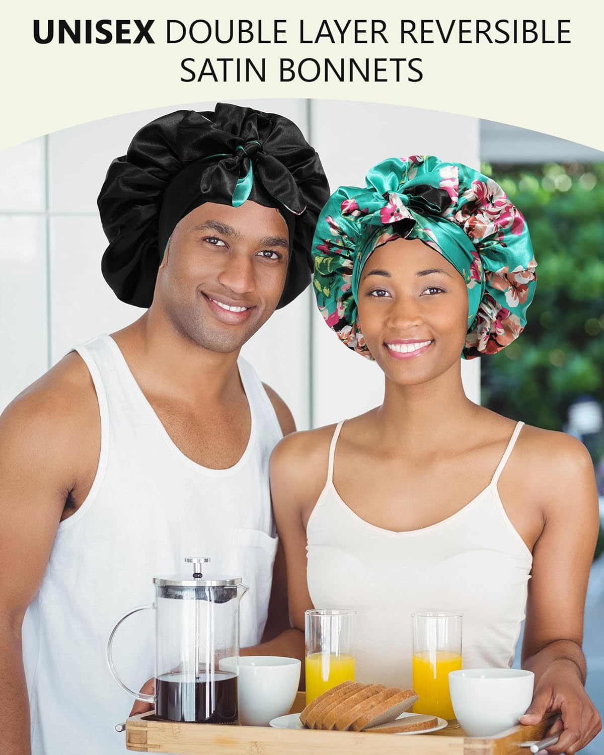 Double Layer Reversible Satin Bonnet Sleep Cap for Curly Hair Women - Green Black - Image 2