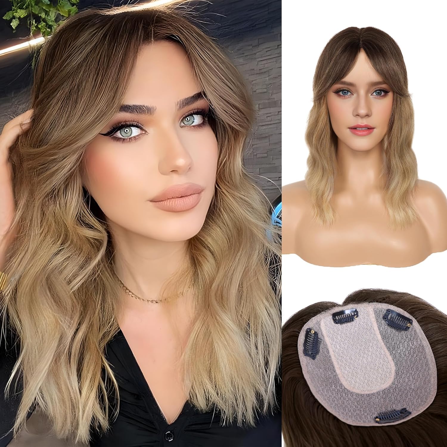 14 Inch Ombre Blonde Wavy Synthetic Hair Topper for Women 6x6 Inch Clip-In Base