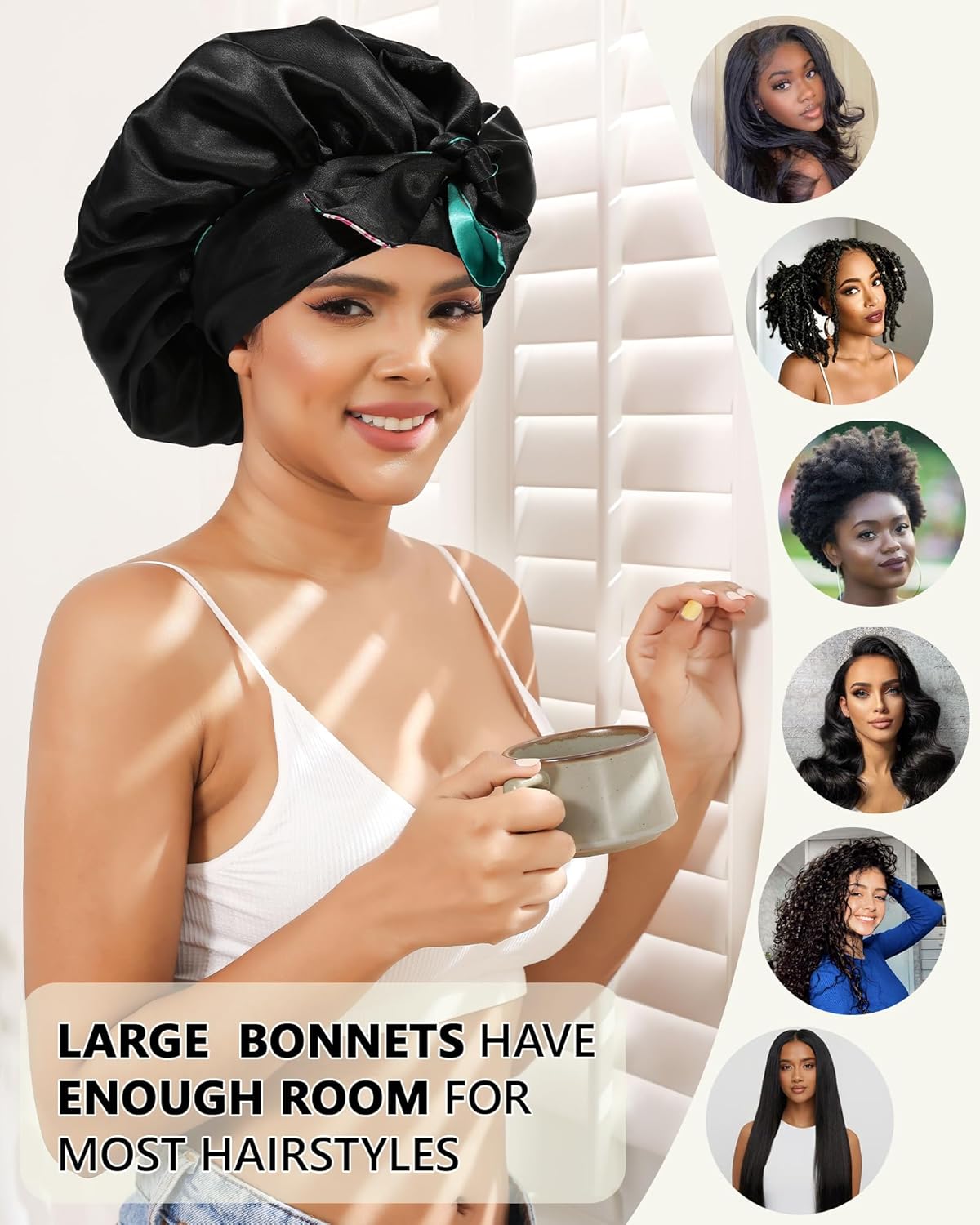 Double Layer Reversible Satin Bonnet Sleep Cap for Curly Hair Women - Green Black - Image 6