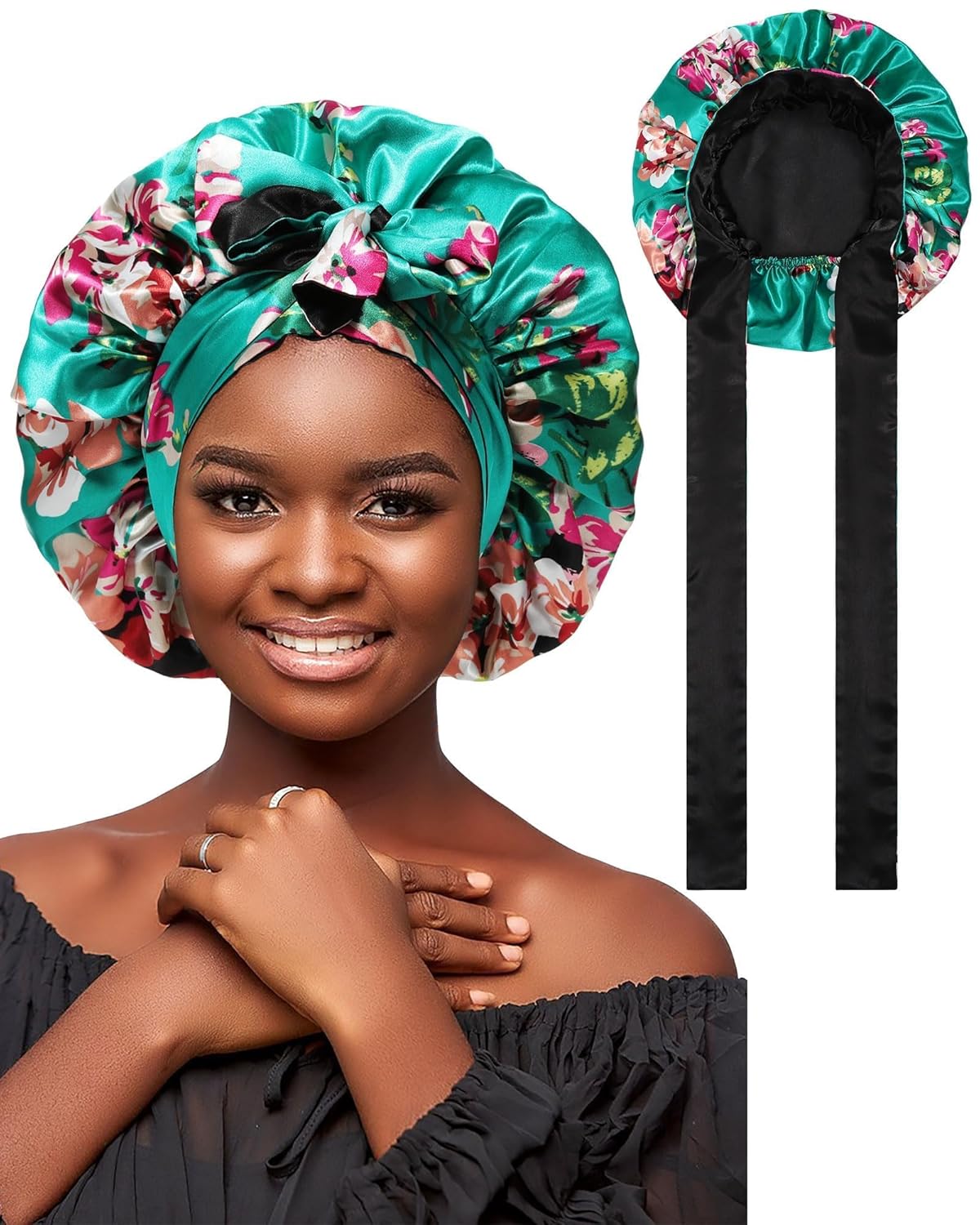 Double Layer Reversible Satin Bonnet Sleep Cap for Curly Hair Women - Green Black