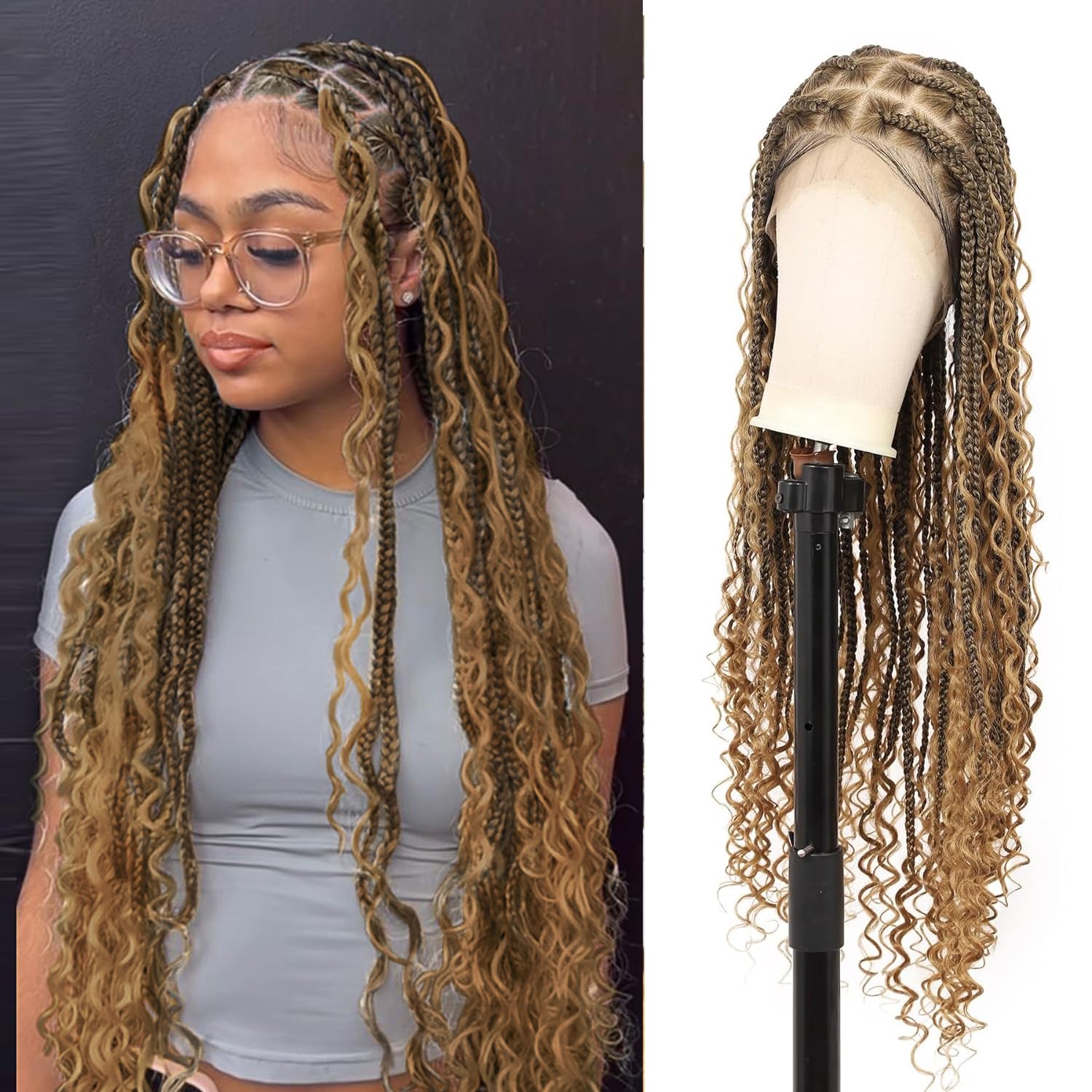 36 Inch Human Hair Blend Boho Braided Wig for Women - 360 HD Full Lace