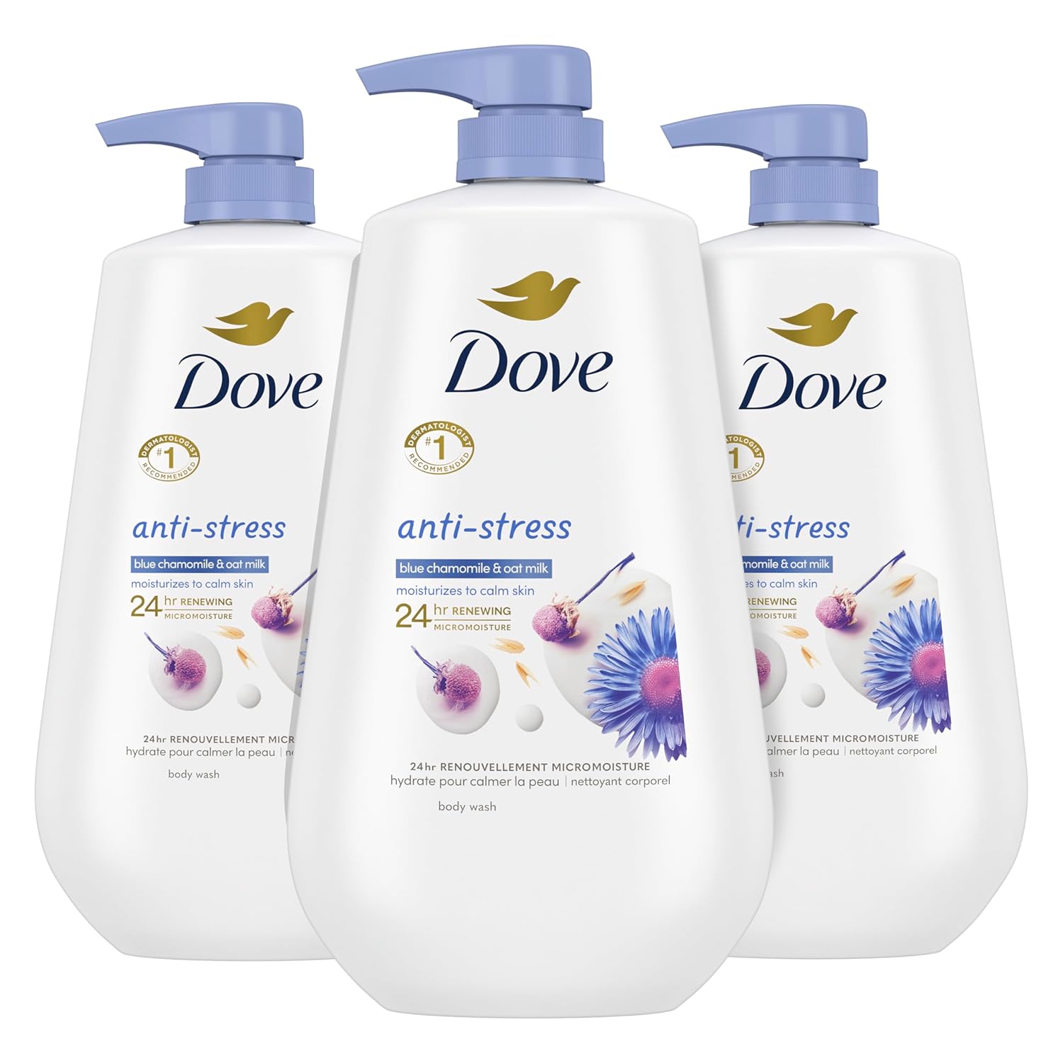 Dove Anti-Stress Blue Chamomile & Oat Milk Body Wash with Pump, 30.6 oz, 3 Count for Healthy Skin