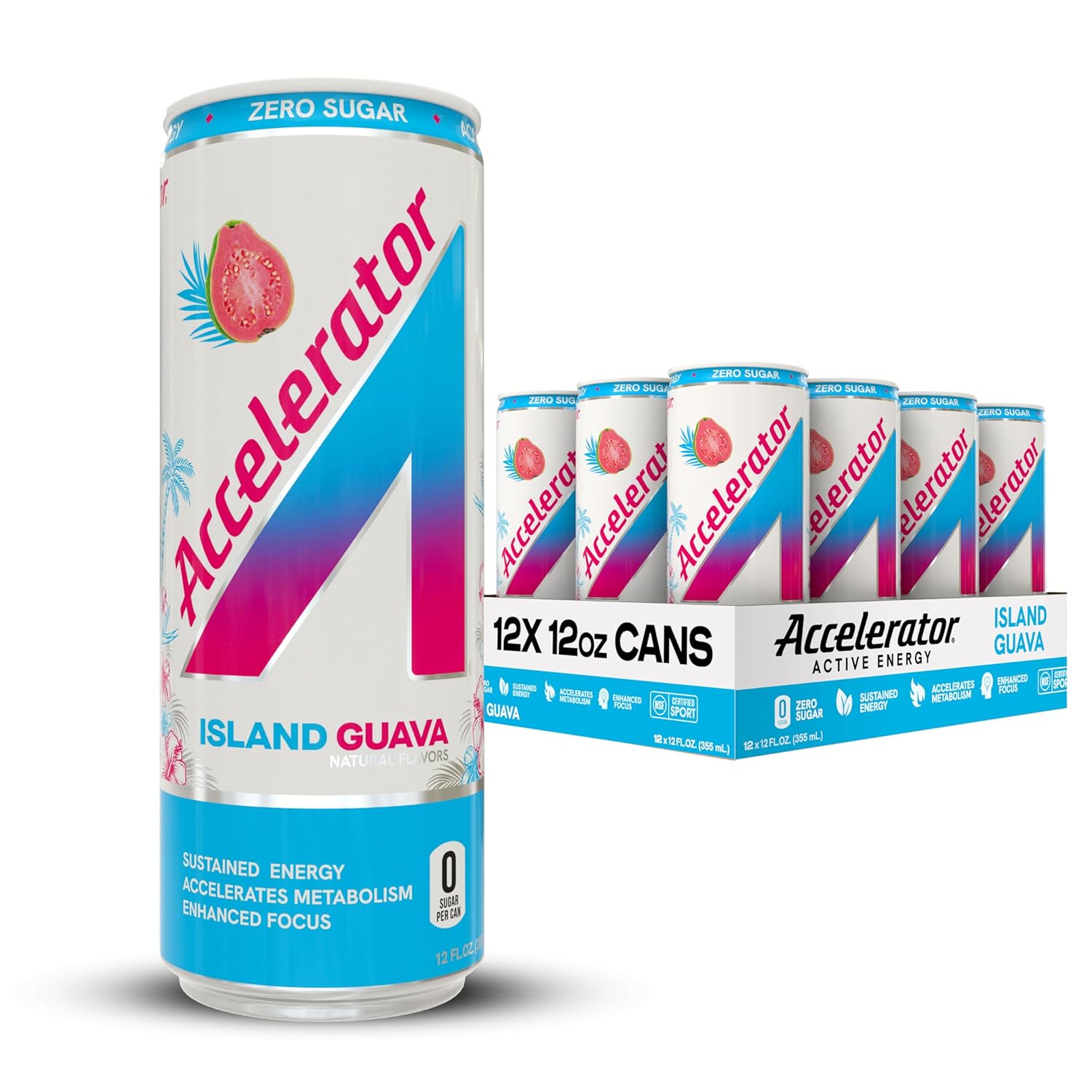 Accelerator Island Guava Energy Drink 12 oz Cans 12 Pack Refreshing Tropical Boost