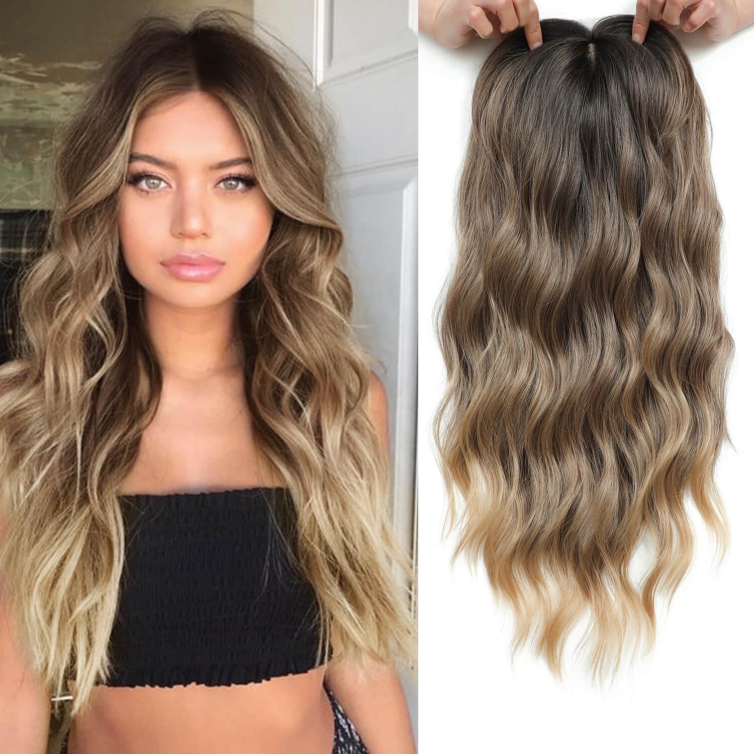 Fine Plus 20-Inch Synthetic Wavy Hair Topper Women Rich Brown Dark Root 6.8 x 6.8 Base