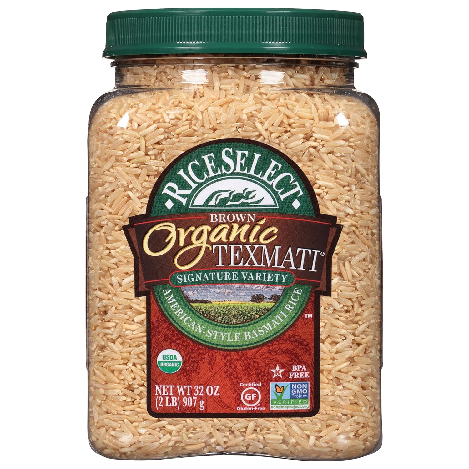 Organic Texmati Brown Basmati Rice 32 Ounce Jar Premium Non GMO Gluten Free Long Grain