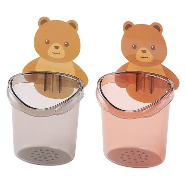 CRENTILA Teddy Bear Plastic Toothbrush Holder Stand for Bathroom with Drain Waterproof Self Adhesive