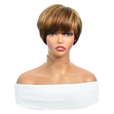 Women's 5-Inch Short Straight Highlighted Human Hair Wig with Bangs Glueless Machine-Made