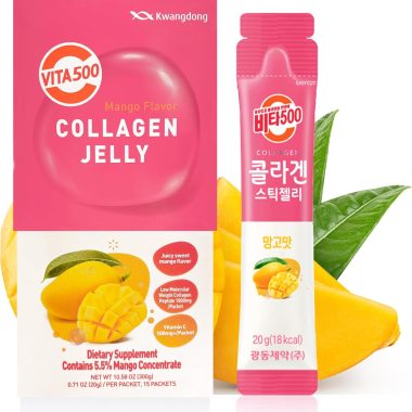 Vita500 Mango Collagen Peptides Korean Jelly Stick with Vitamin C | Marine Collagen for Hair, Skin, Nails, Beauty, Joints, Minerals & Antioxidants Support | Convenient Daily Sticks 15 Pack