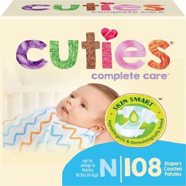 Cuties Newborn Size Skin Smart Absorbent Hypoallergenic Diapers with Secure Tabs 108 Count