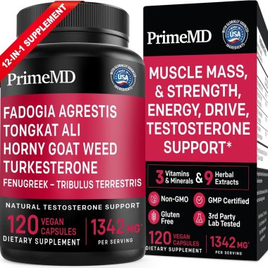 Men's 12-in-1 Testosterone Booster Supplement with Fadogia Agrestis and Tongkat Ali, 1342mg, 120 Capsules.