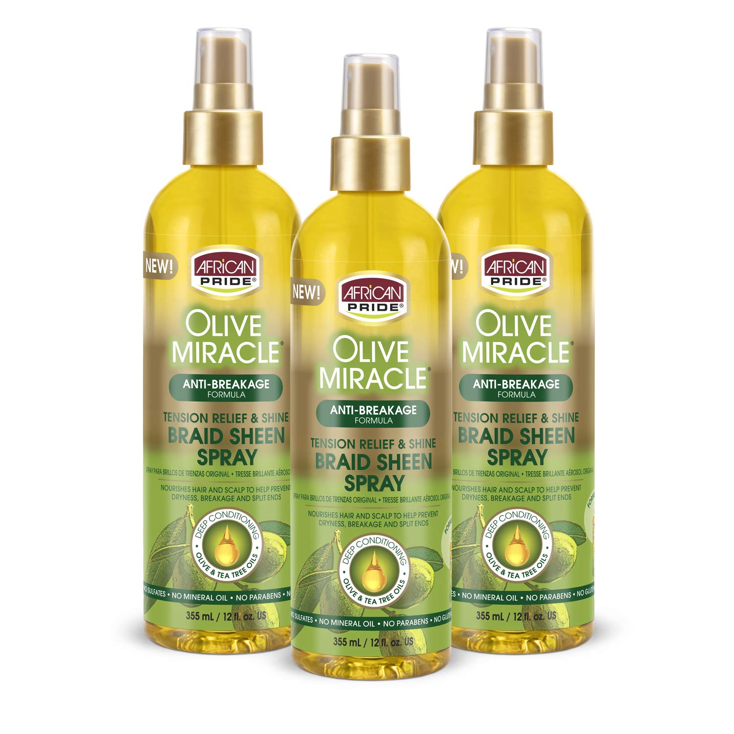 African Pride Olive Miracle Braid Sheen Spray 12oz 3 Pack with Tea Tree and Olive Oil for Hair and Scalp Protection