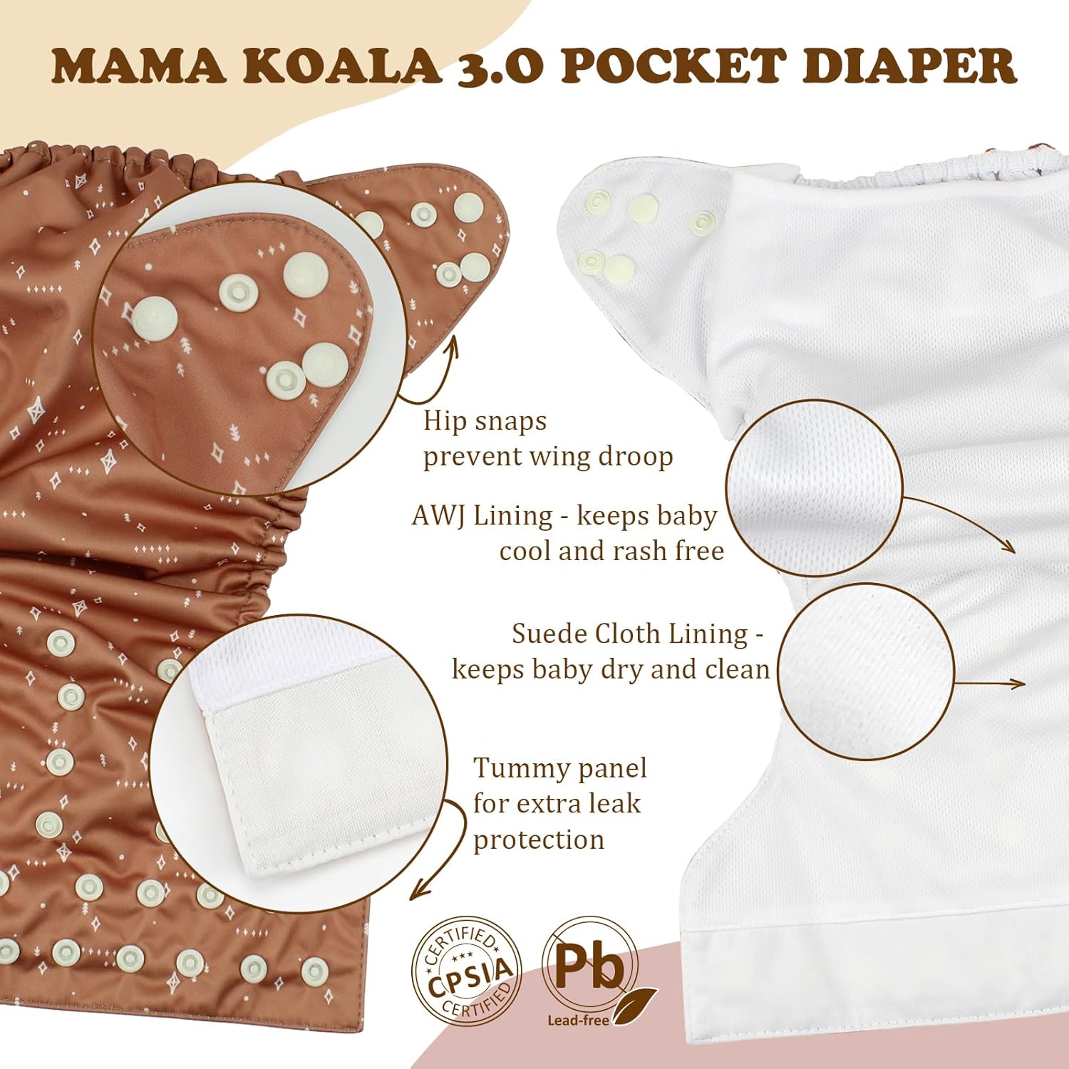 Mama Koala 3.0 Pocket Cloth Diapers for Babies - 6 Pack, AWJ Lining, Includes 6 5-Layer Natural Inserts, Reusable & Washable - Mushroom Pattern - Image 6