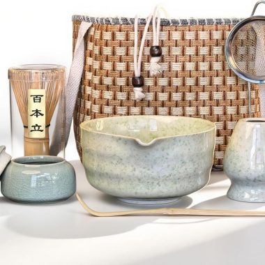 Portable 7 Piece Matcha Tea Kit with Handmade Rattan Bag and Spout Bowl