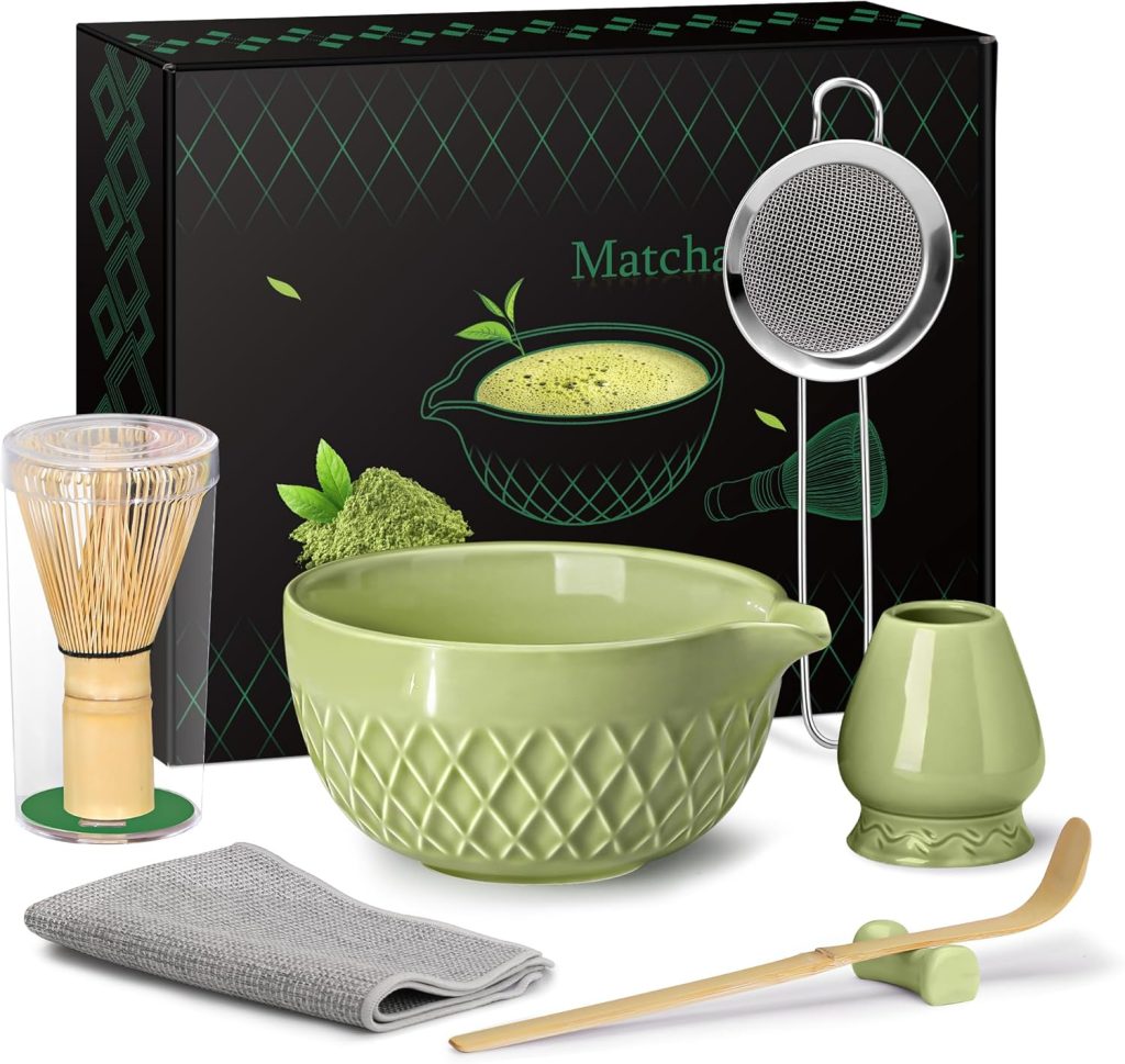 7 Piece Matcha Green Tea Ceremony Kit with Ceramic Bowl, Bamboo Whisk, Scoop, and Sifter