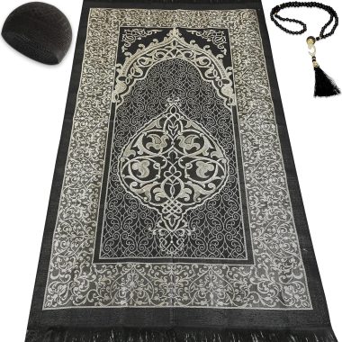 Black Taffeta Prayer Mat Set with Breathable Kufi Skull Beanie and Prayer Beads for Men and Women