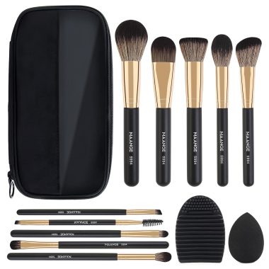 MAANGE 10 Pcs Professional Makeup Brush Set with Travel Case, Includes Sponge and Cleaner Black Gold