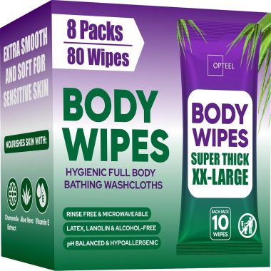 Extra Thick & Large Adult Bathing Wipes No Rinse – 80 Count, 8 Pack Travel Shower Alternative