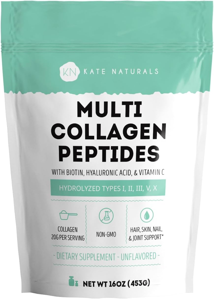 Kate Naturals 16oz Multi Collagen Peptides Powder Unflavored Types I, II, III, V, X with Biotin, Hyaluronic Acid, Vitamin C for Hair, Skin, Nails, Joints