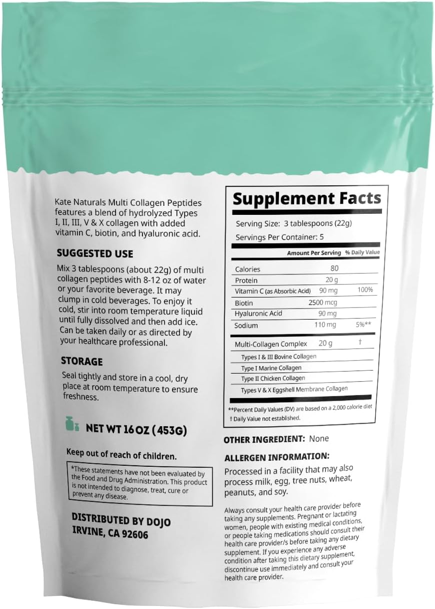 Kate Naturals 16oz Multi Collagen Peptides Powder Unflavored Types I, II, III, V, X with Biotin, Hyaluronic Acid, Vitamin C for Hair, Skin, Nails, Joints - Image 5