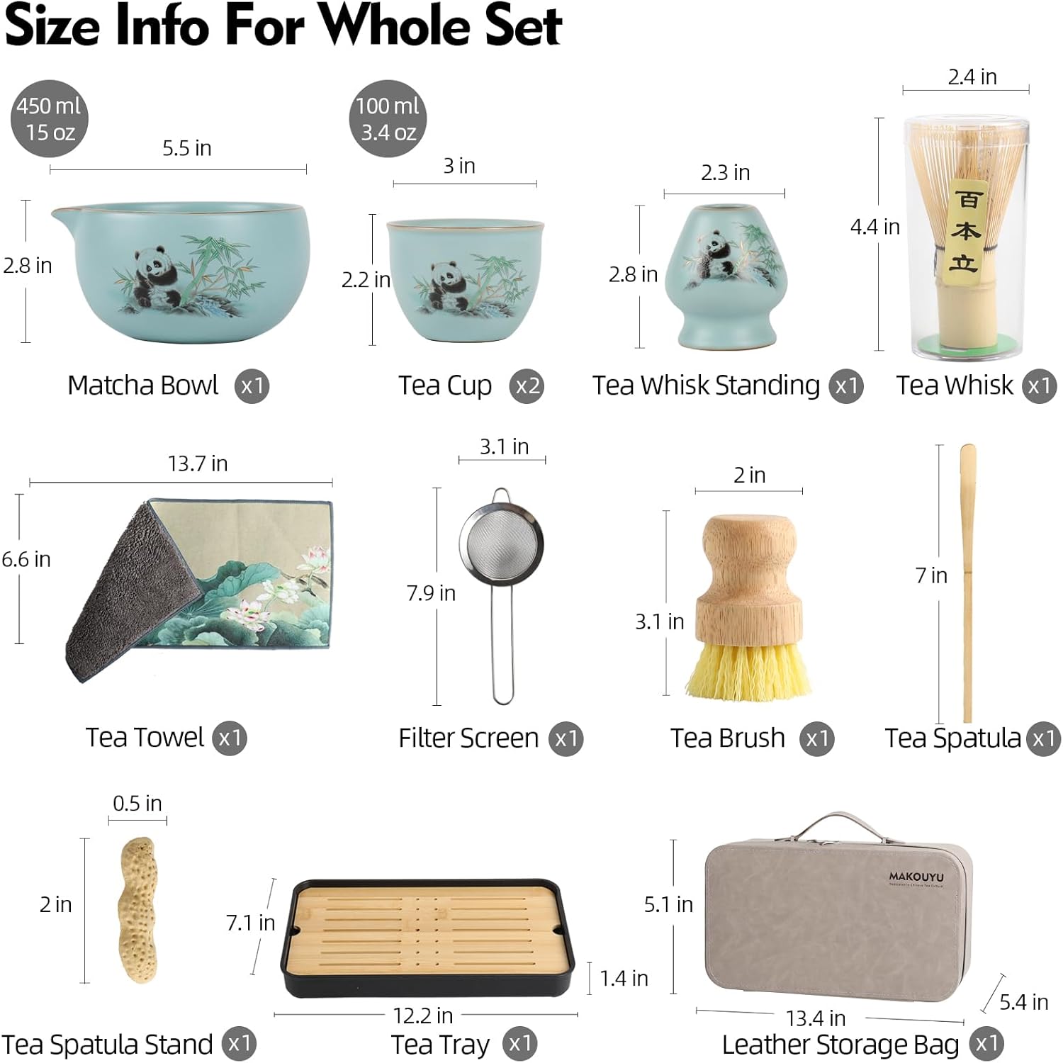 12 Piece Matcha Set with 2 Cups and Leather Bag, 15 OZ Capacity, Panda Design - Image 5