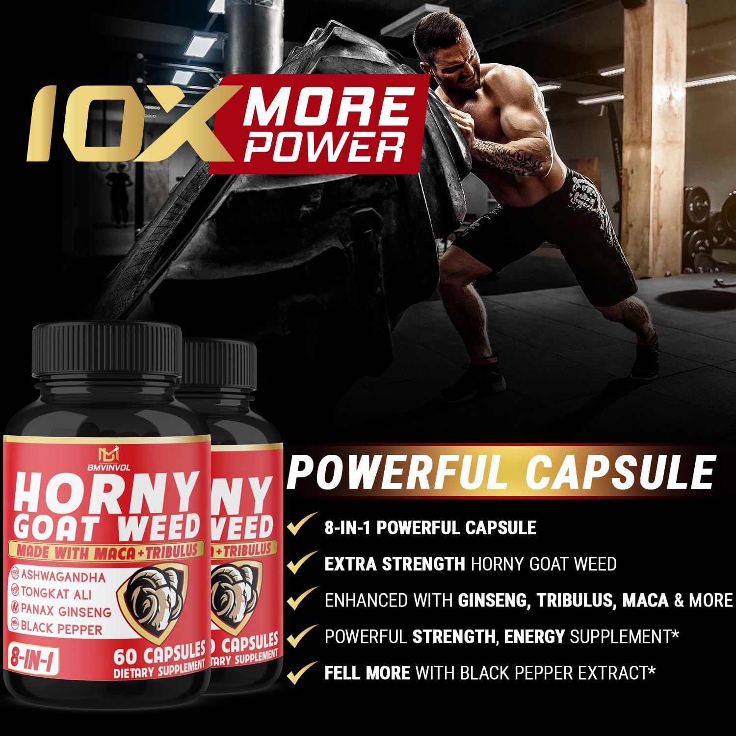 BMVINVOL 2 Pack Horny Goat Weed Capsules with Maca, Tribulus, Ginseng, Ashwagandha, Tongkat Ali 8-in-1 Energy Support Formula - Image 6