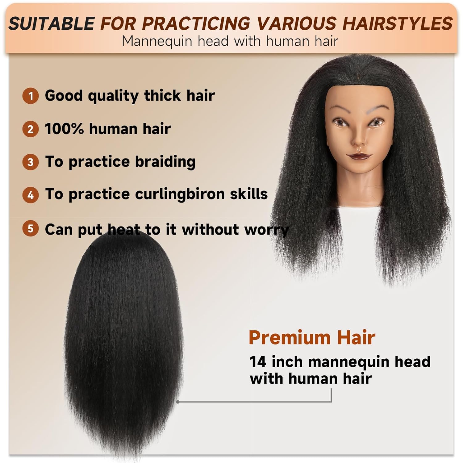 14 Inch Human Hair Mannequin Head for Braiding Practice Realistic Skin Tone Styling Training Head Cosmetology Students Salons Tangle-Free Reusable Hair Training Head - Image 5