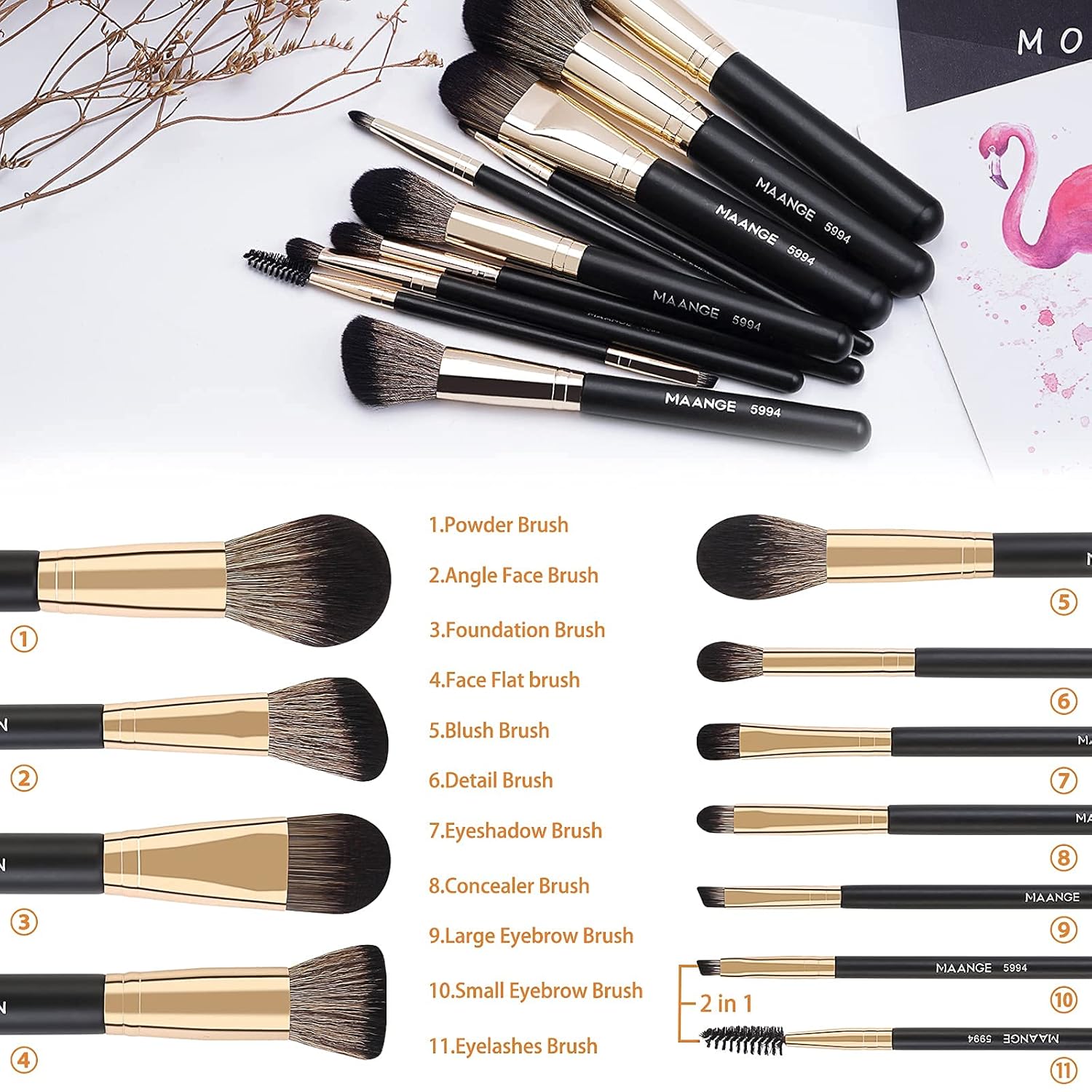 MAANGE 10 Pcs Professional Makeup Brush Set with Travel Case, Includes Sponge and Cleaner Black Gold - Image 2