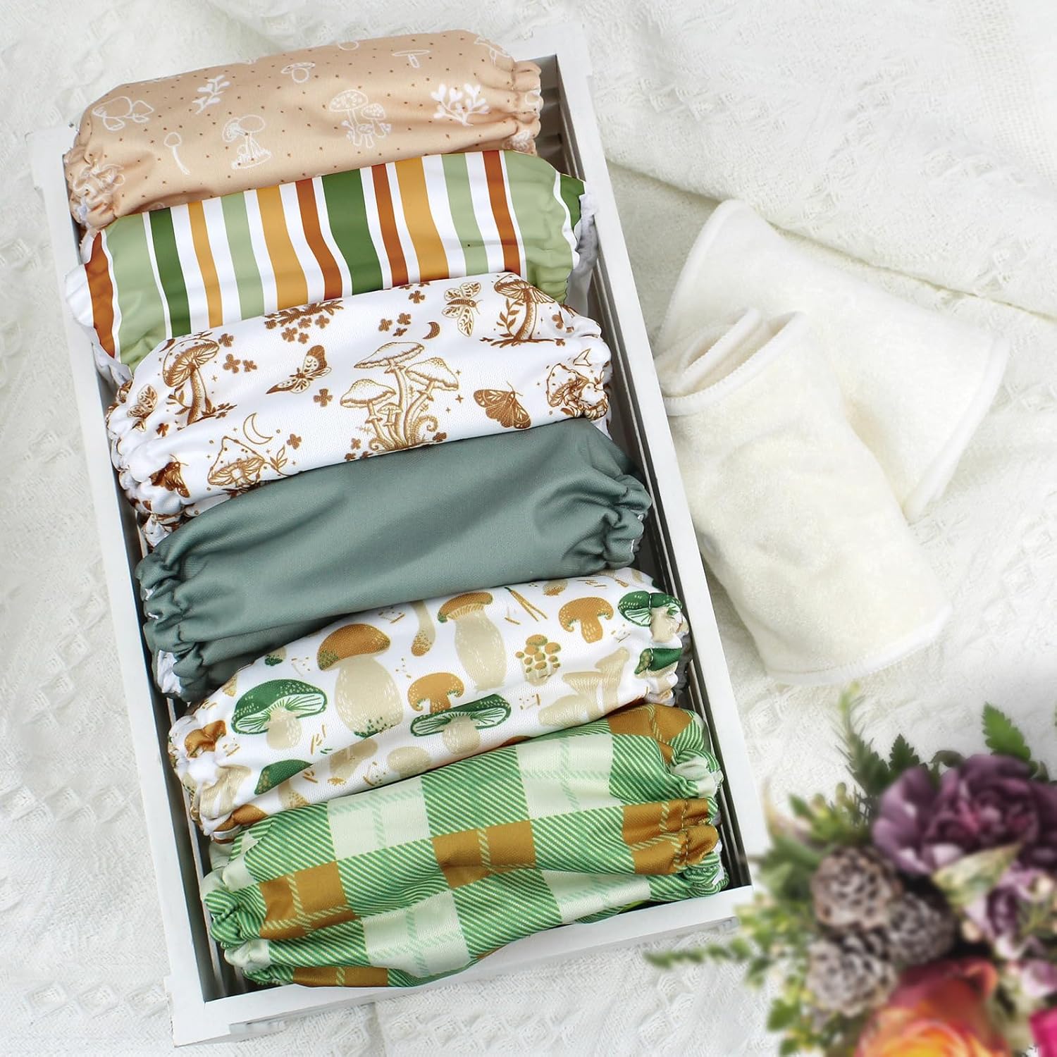 Mama Koala 3.0 Pocket Cloth Diapers for Babies - 6 Pack, AWJ Lining, Includes 6 5-Layer Natural Inserts, Reusable & Washable - Mushroom Pattern - Image 4