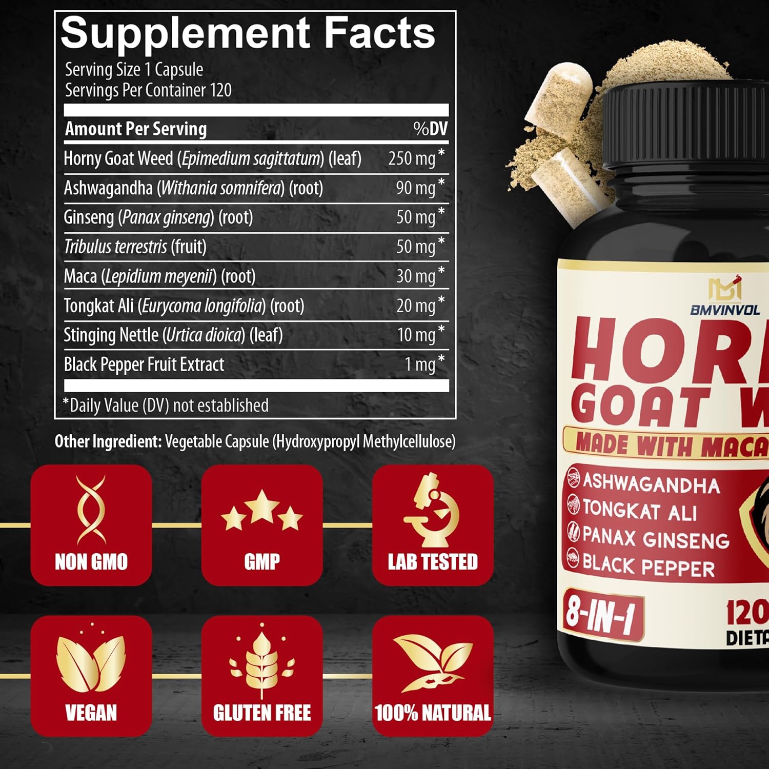 BMVINVOL 120 Capsule Bottle Horny Goat Weed Blend with Maca, Ginseng, Ashwagandha for Enhanced Vitality - Image 2