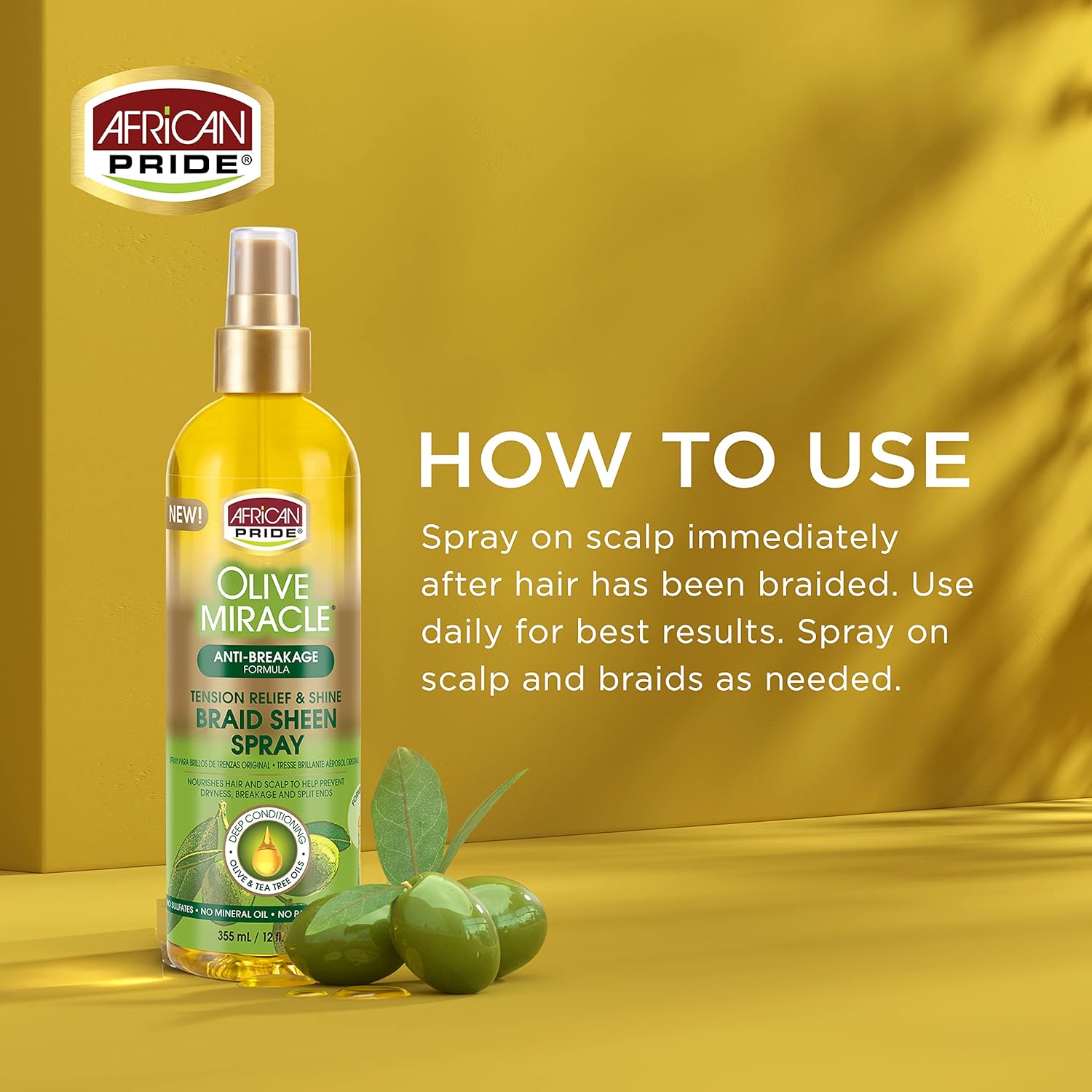 African Pride Olive Miracle Braid Sheen Spray 12oz 3 Pack with Tea Tree and Olive Oil for Hair and Scalp Protection - Image 4
