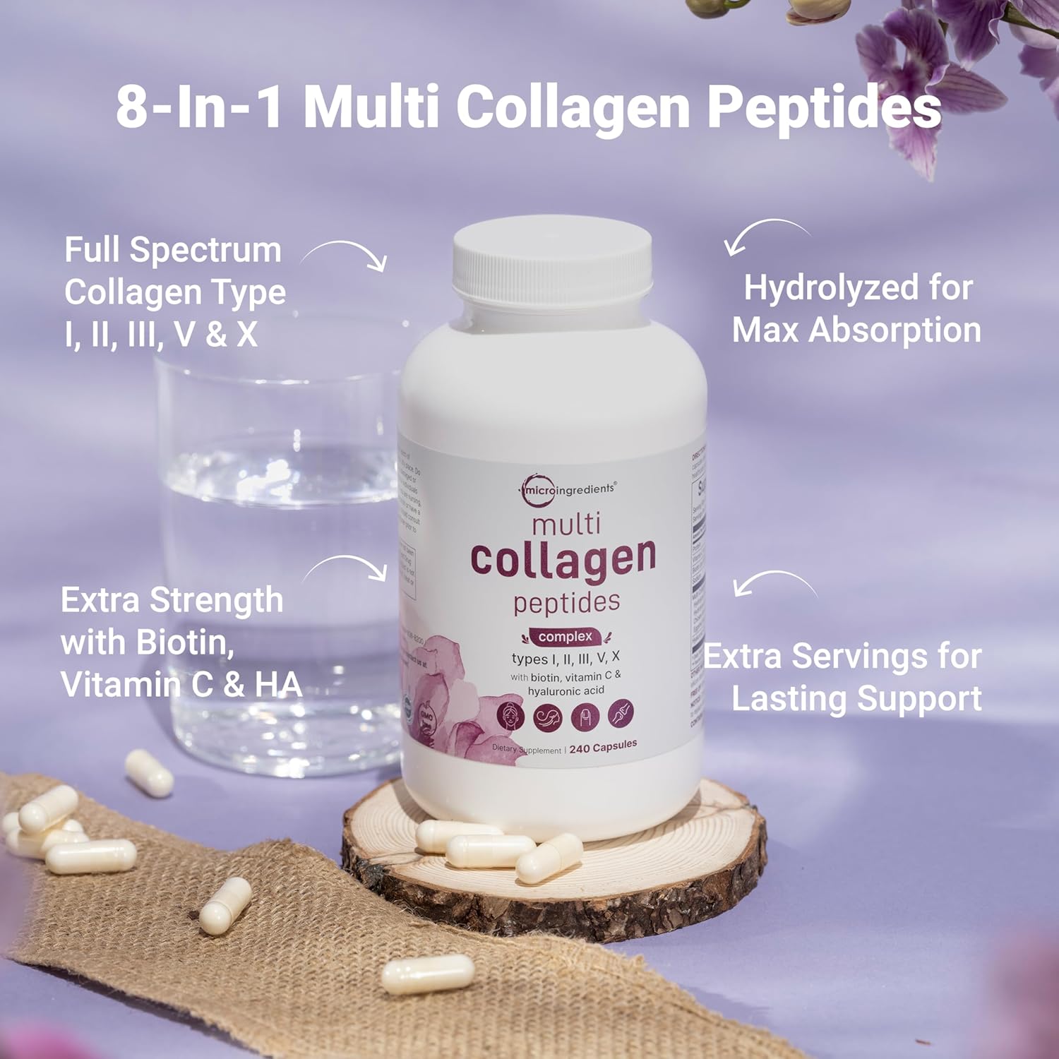 Micro Ingredients Multi Collagen Peptides 240 Capsules Hair Skin Nail Joint Support - Image 2