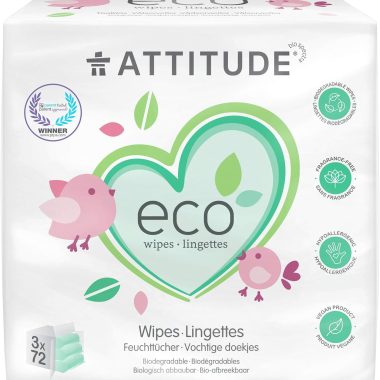 ATTITUDE Biodegradable Unscented Baby Wipes, Plant Based, Dermatologically Tested, 72 Count Pack of 3