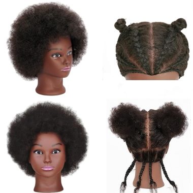 African Braiding Mannequin Head with 100% Human Hair, Cosmetology Mannequin Head with 8 Inch Afro Kinkys Curly Hair Training Manikin Doll Heads for Practice Braiding