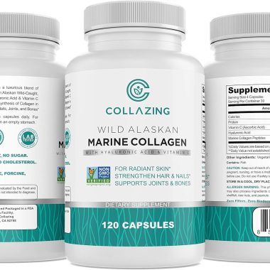 Wild Alaskan Marine Collagen Peptides Powder Capsules with Hyaluronic Acid and Vitamin C for Skin, Hair, Nails, Joints, and Bones