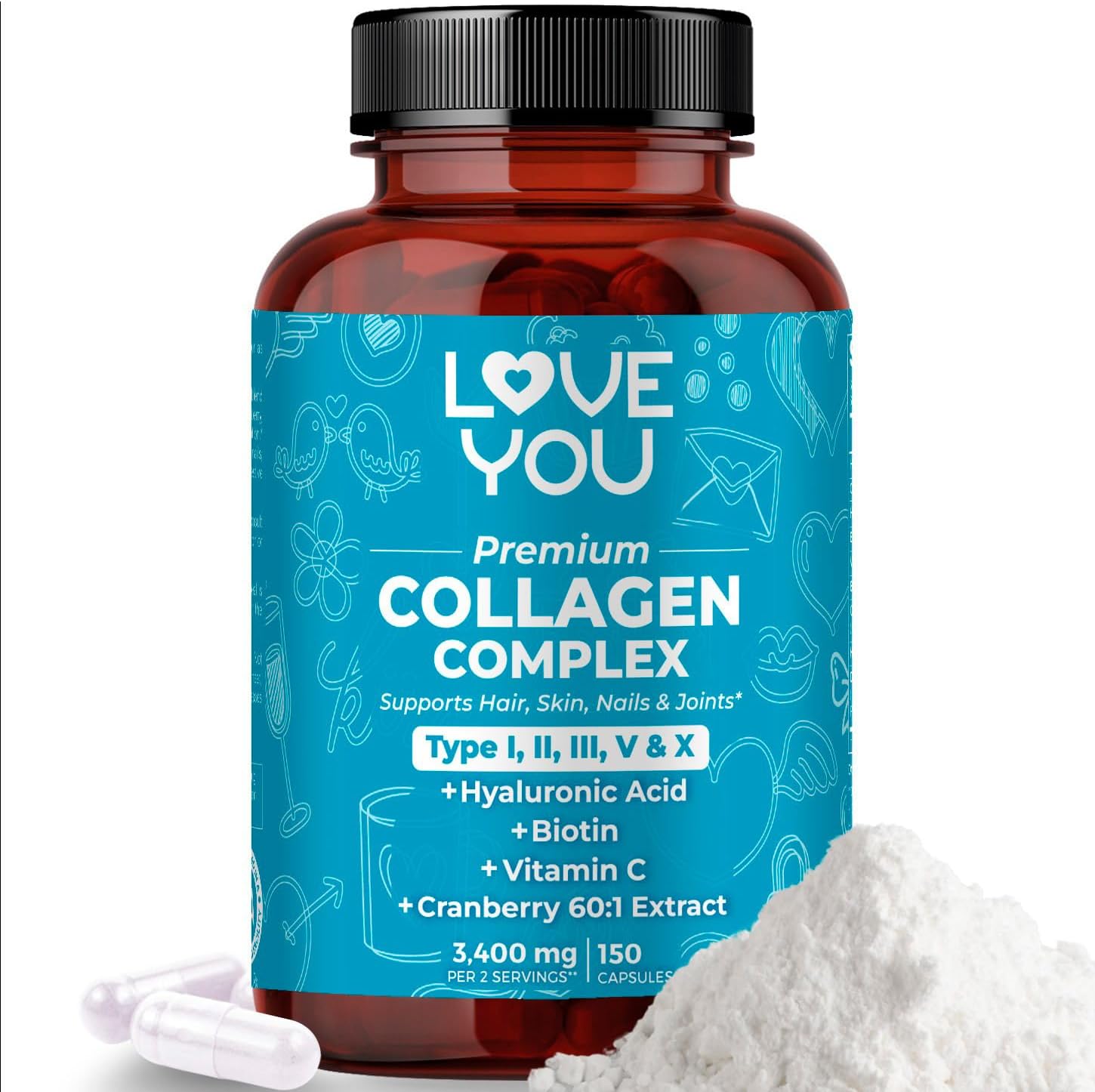 Love You Premium Collagen Capsules I II III V X 120 Capsules Hair Skin Nails Joints Gut Support