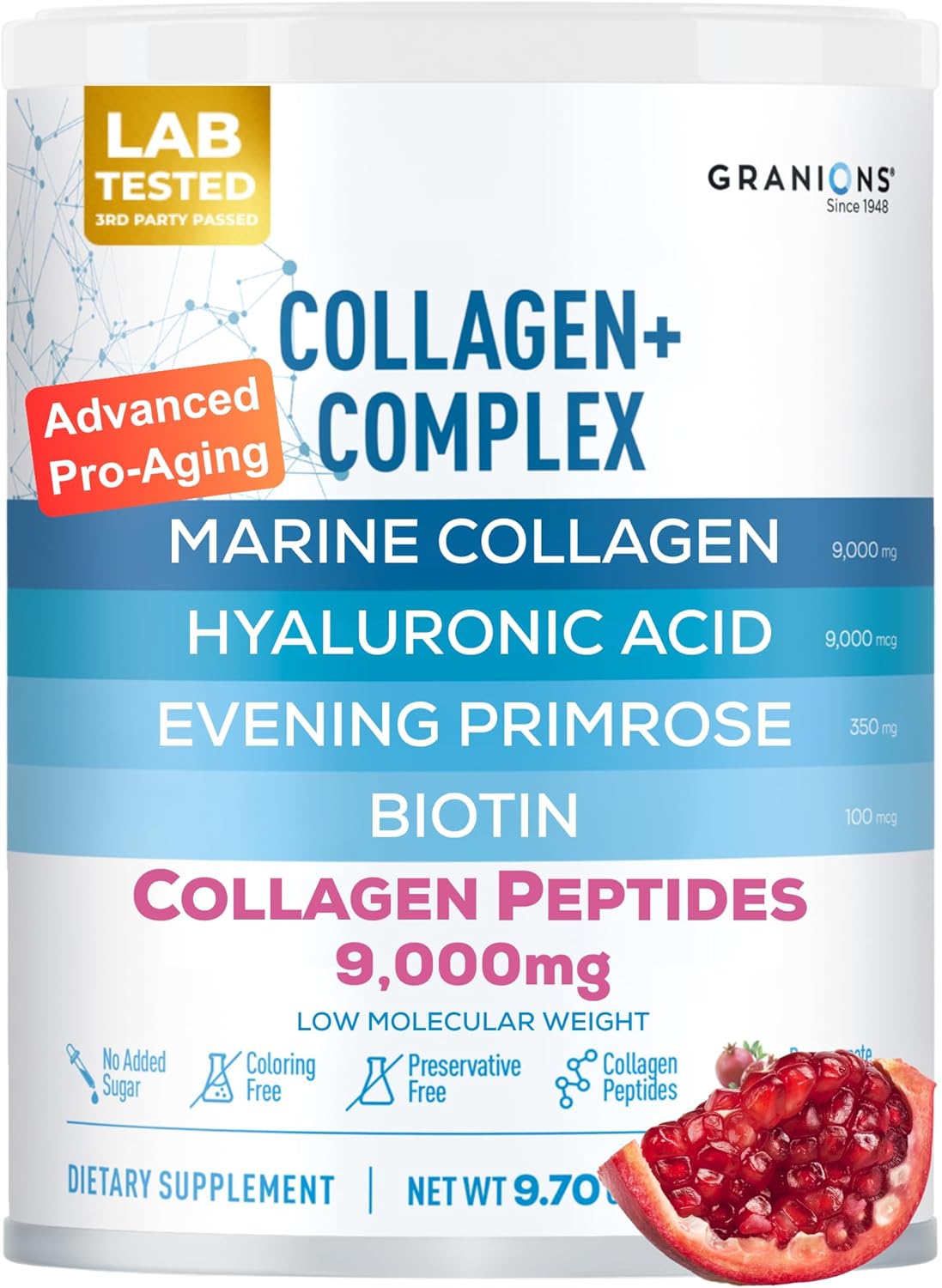 Hydrolyzed Marine Collagen Peptides Powder Supplement Type I Pomegranate 9.7oz with Biotin Vitamin C Hyaluronic Acid