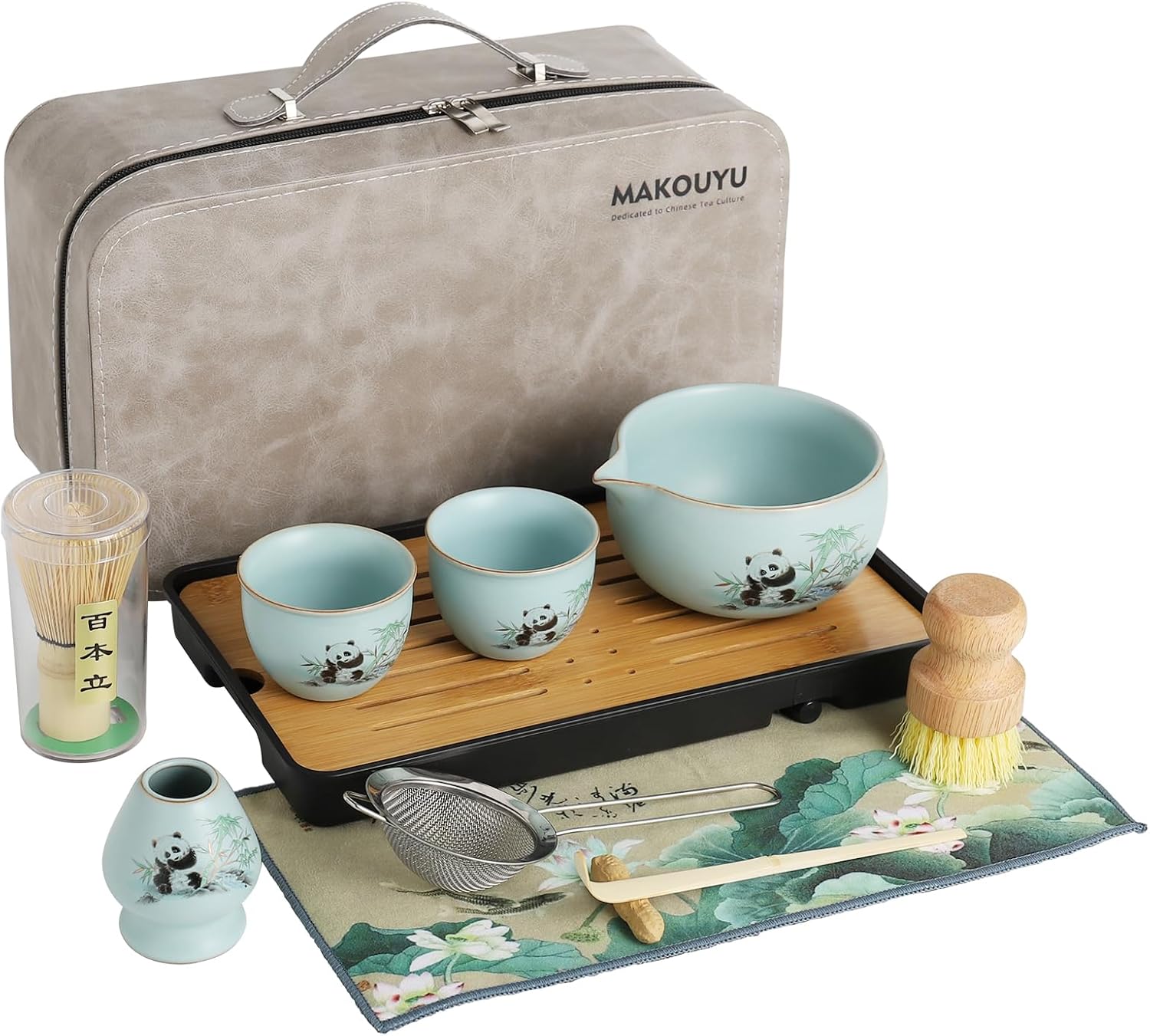 12 Piece Matcha Set with 2 Cups and Leather Bag, 15 OZ Capacity, Panda Design